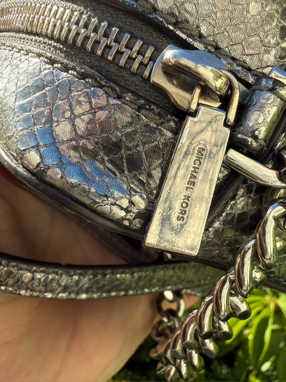 Michael Kors Ginny Metallic Pewter Snakeskin Camera Crossbody Bag READ DESC.